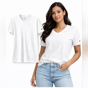 Champion White V Neck Logo Tee Classic Minimalist Size L